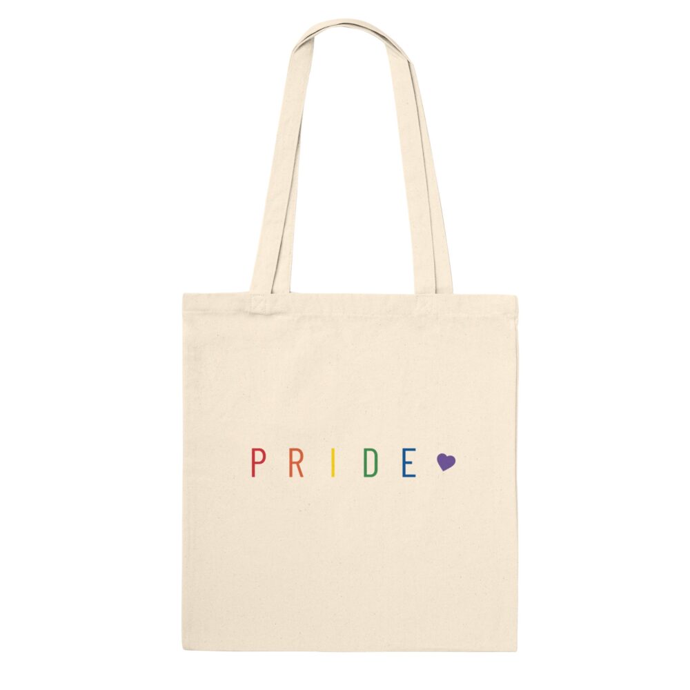 Pride Text And Heart Rainbow Tote Bag. Natural