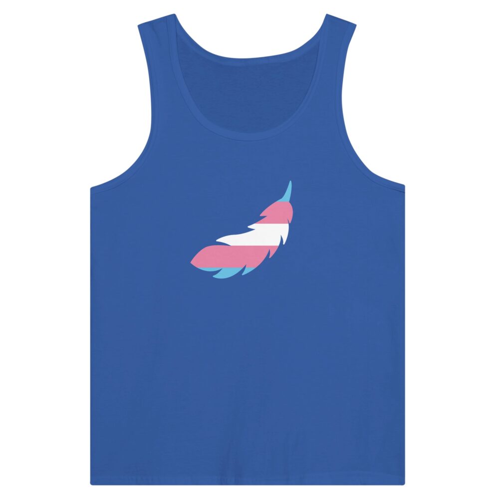 Trans Pride Tank Top A Feather Print. Blue