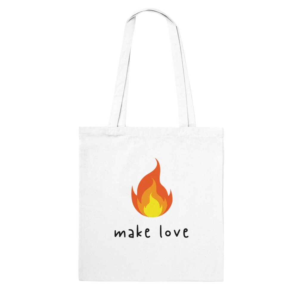 Make Love Tote Bag with Flame Print. White