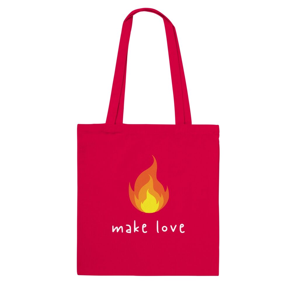 Make Love Tote Bag with Flame Print. Red