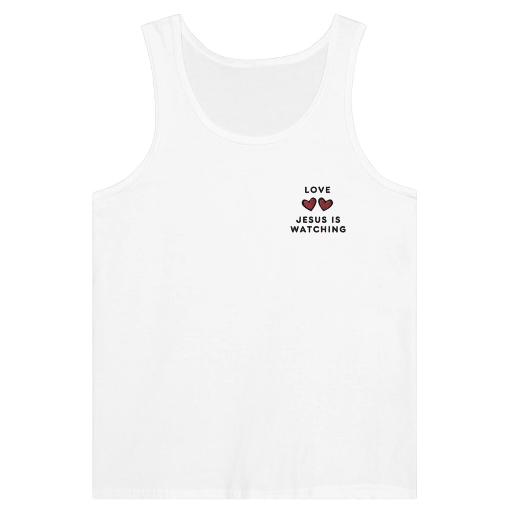 Jesus Is Watching Love Embroidered Tank Top. White