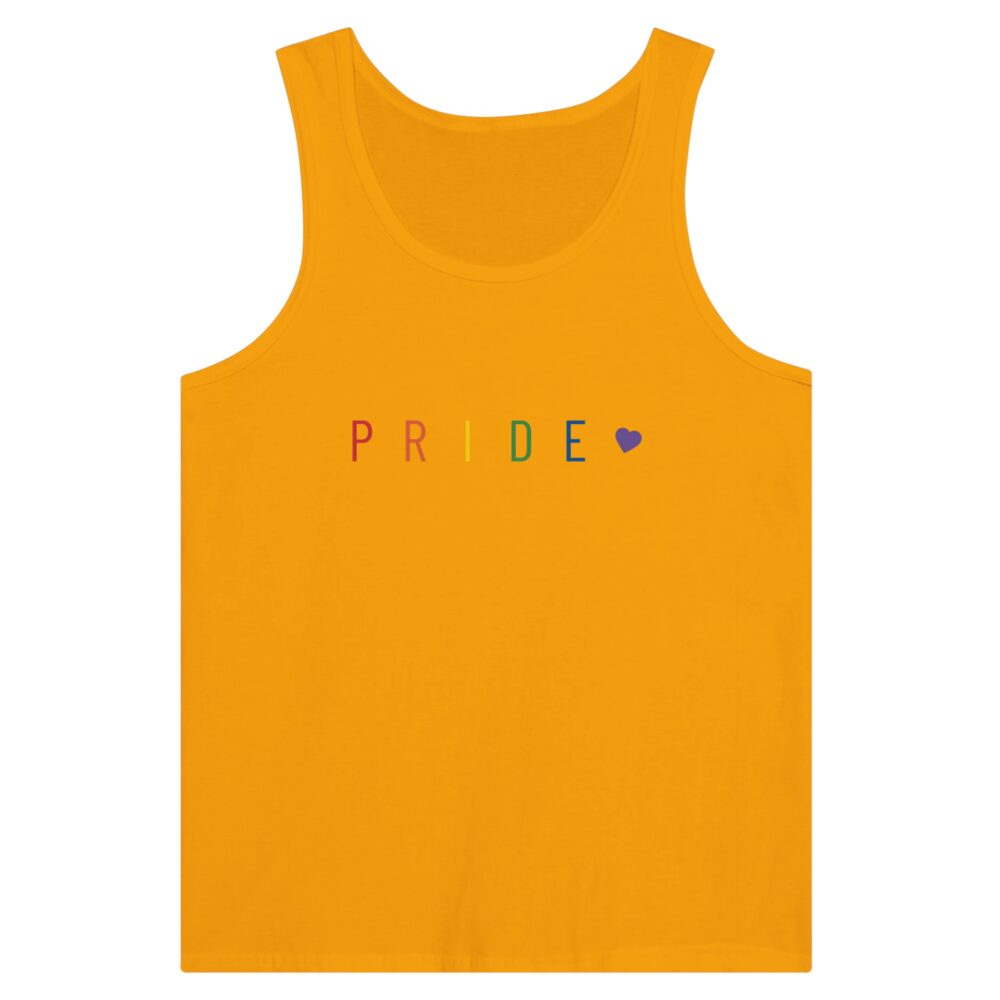 Pride Text And Heart Rainbow Tank Top. Yellow