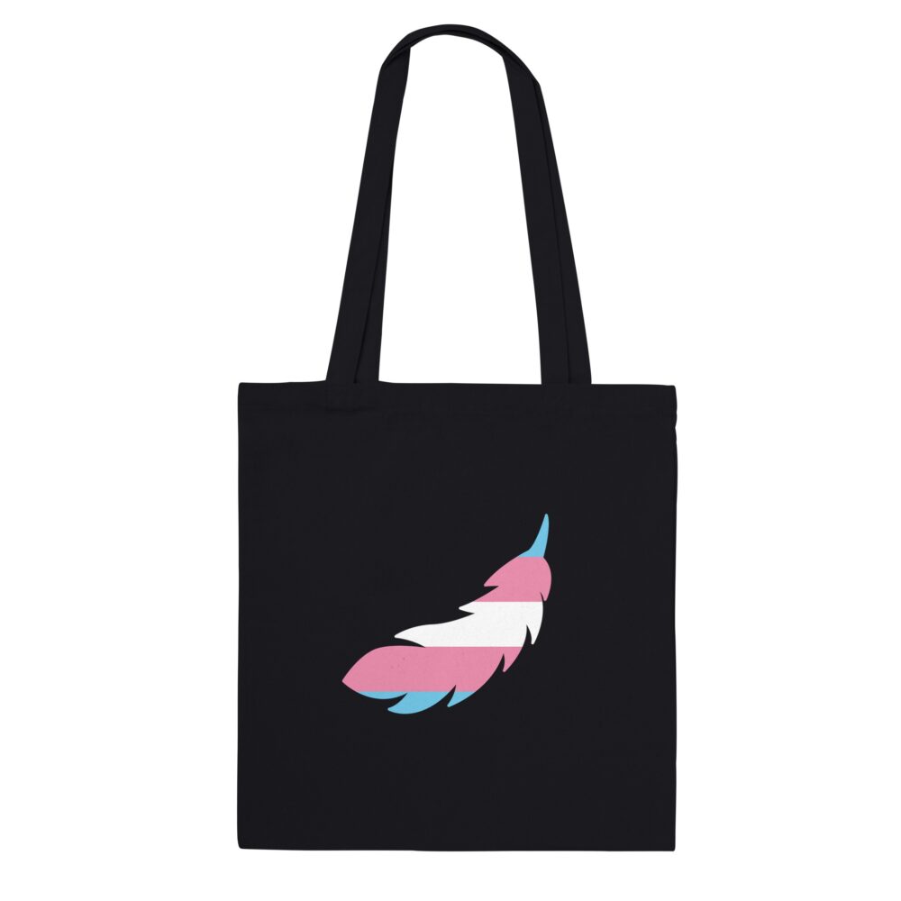 Trans Pride Tote Bag A Feather Print. Black
