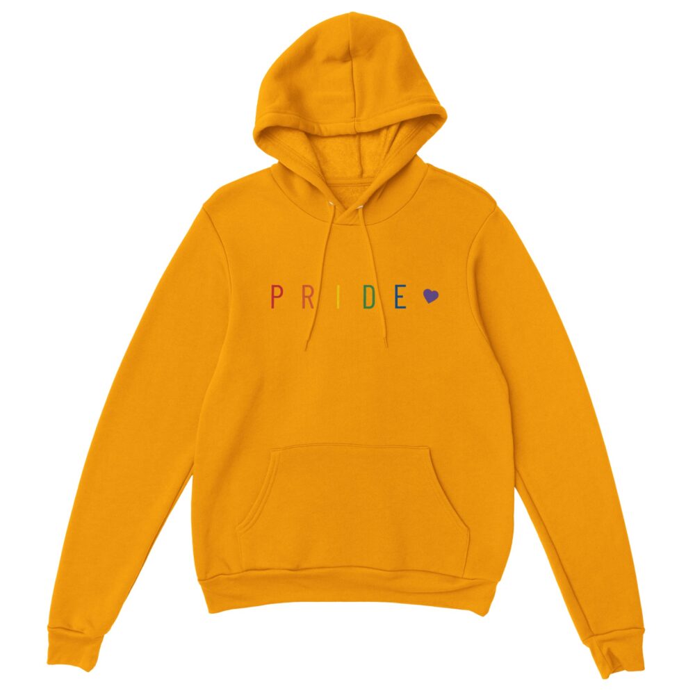 Pride Text And Heart Rainbow Hoodie. Yellow