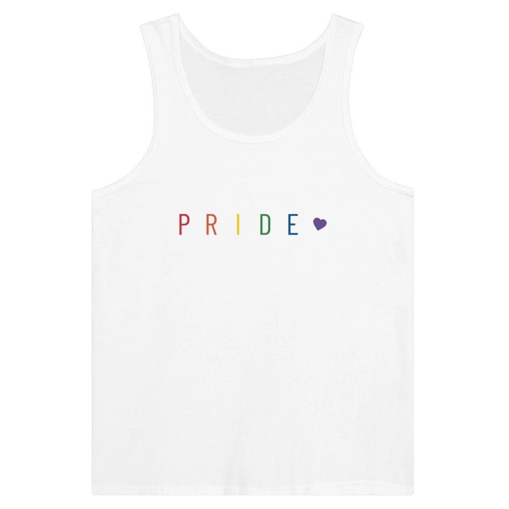 Pride Text And Heart Rainbow Tank Top. White