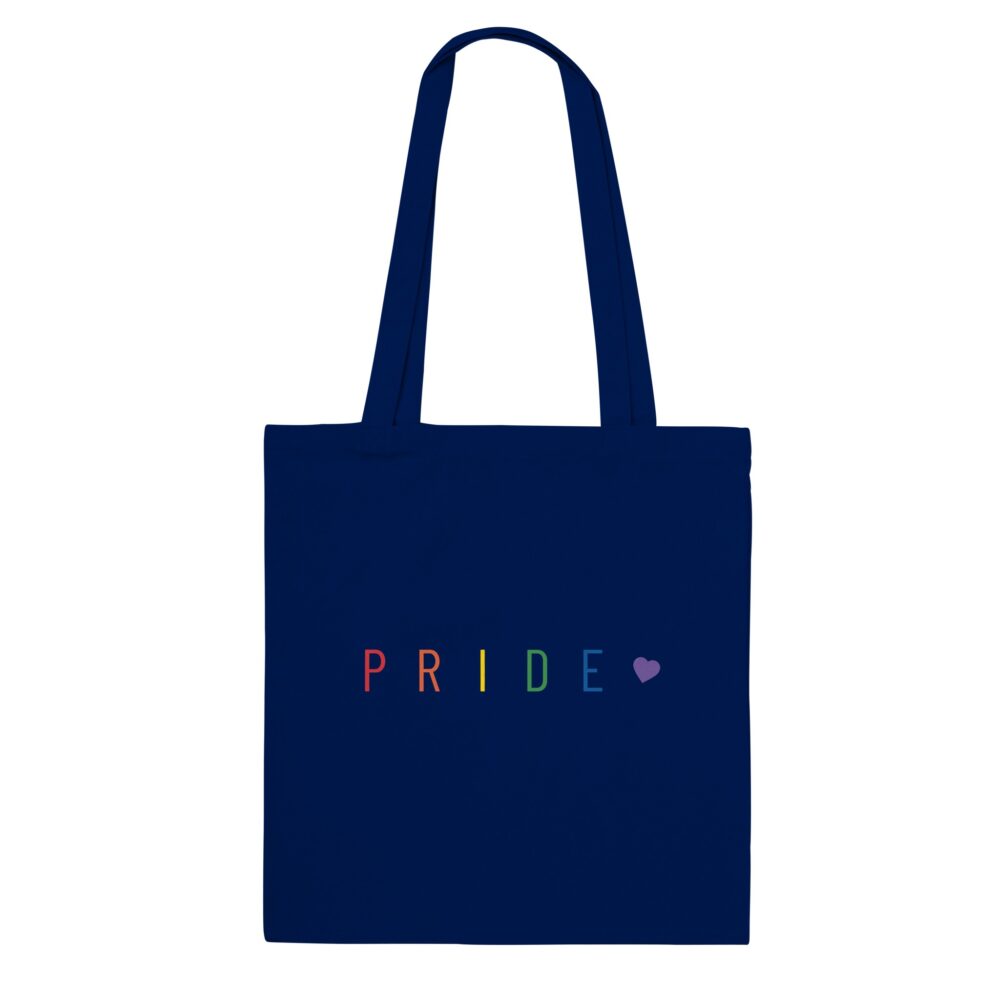 Pride Text And Heart Rainbow Tote Bag. Navy