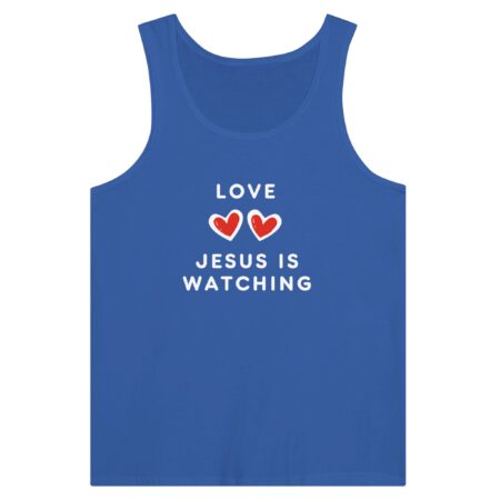 Jesus Is Watching Love Tank Top. Blue