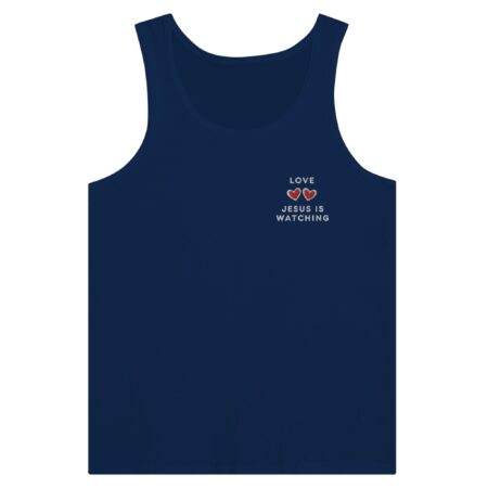 Jesus Is Watching Love Embroidered Tank Top. Navy