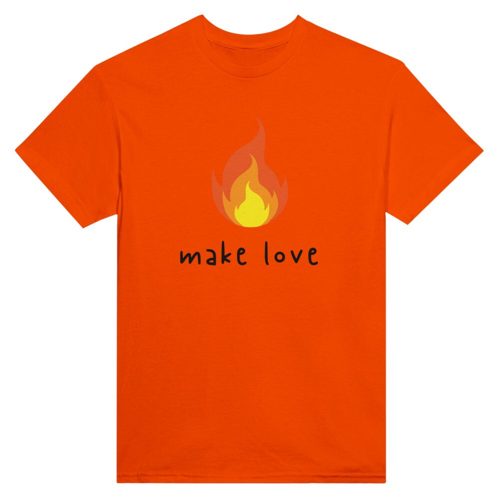 Make Love T-shirt with Flame Print. Orange