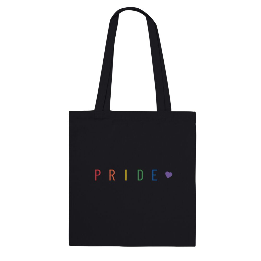 Pride Text And Heart Rainbow Tote Bag. Black