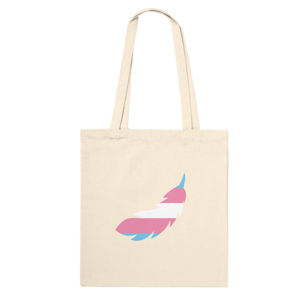 Trans Pride Tote Bag A Feather Print. Natural