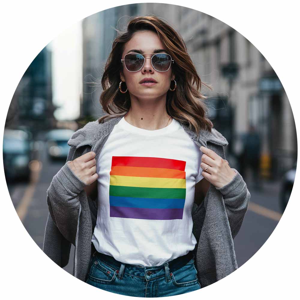 Custom T-shirt Shop: A lady exposes a custom t-shirt with LGBTQ flag