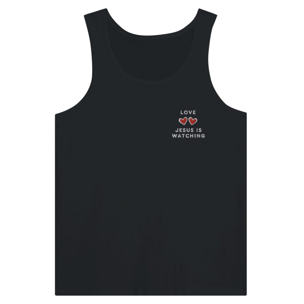 Jesus Is Watching Love Embroidered Tank Top. Black