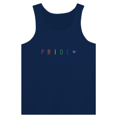 Pride Text And Heart Rainbow Tank Top. Navy