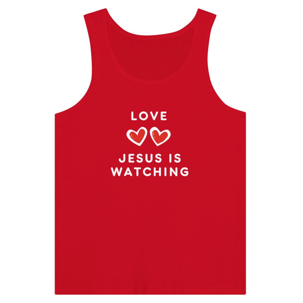 Jesus Is Watching Love Tank Top. Red